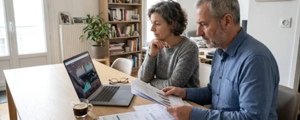 Un couple dans la cinquantaine consulte ensemble des documents de retraite posés sur une table basse dans un salon lumineux avec grande baie vitrée