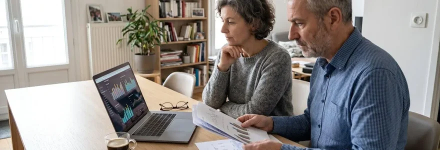 Un couple dans la cinquantaine consulte ensemble des documents de retraite posés sur une table basse dans un salon lumineux avec grande baie vitrée