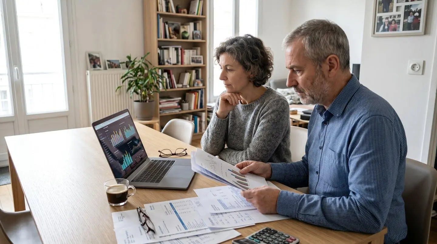 Un couple dans la cinquantaine consulte ensemble des documents de retraite posés sur une table basse dans un salon lumineux avec grande baie vitrée