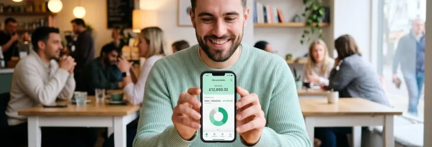 Jeune homme utilisant une application baire sur son smartphone dans un café lumineux.