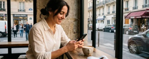 Jeune femme professionnelle consultant son application bancaire mobile dans un café lumineux, illustrant l'autonomie de la banque en ligne