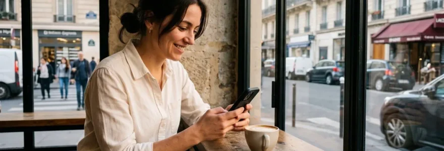 Jeune femme professionnelle consultant son application bancaire mobile dans un café lumineux, illustrant l'autonomie de la banque en ligne