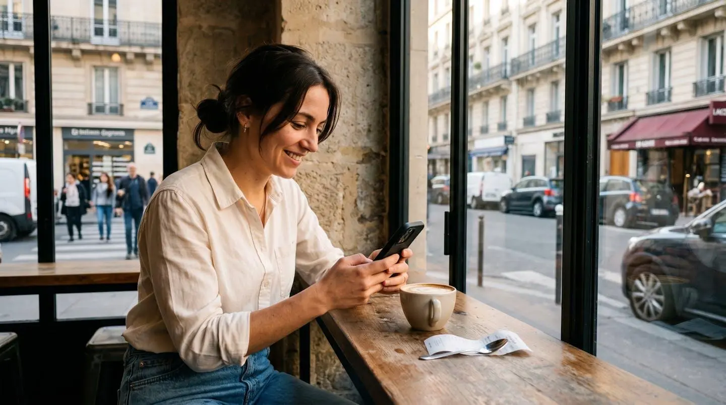 Jeune femme professionnelle consultant son application bancaire mobile dans un café lumineux, illustrant l'autonomie de la banque en ligne