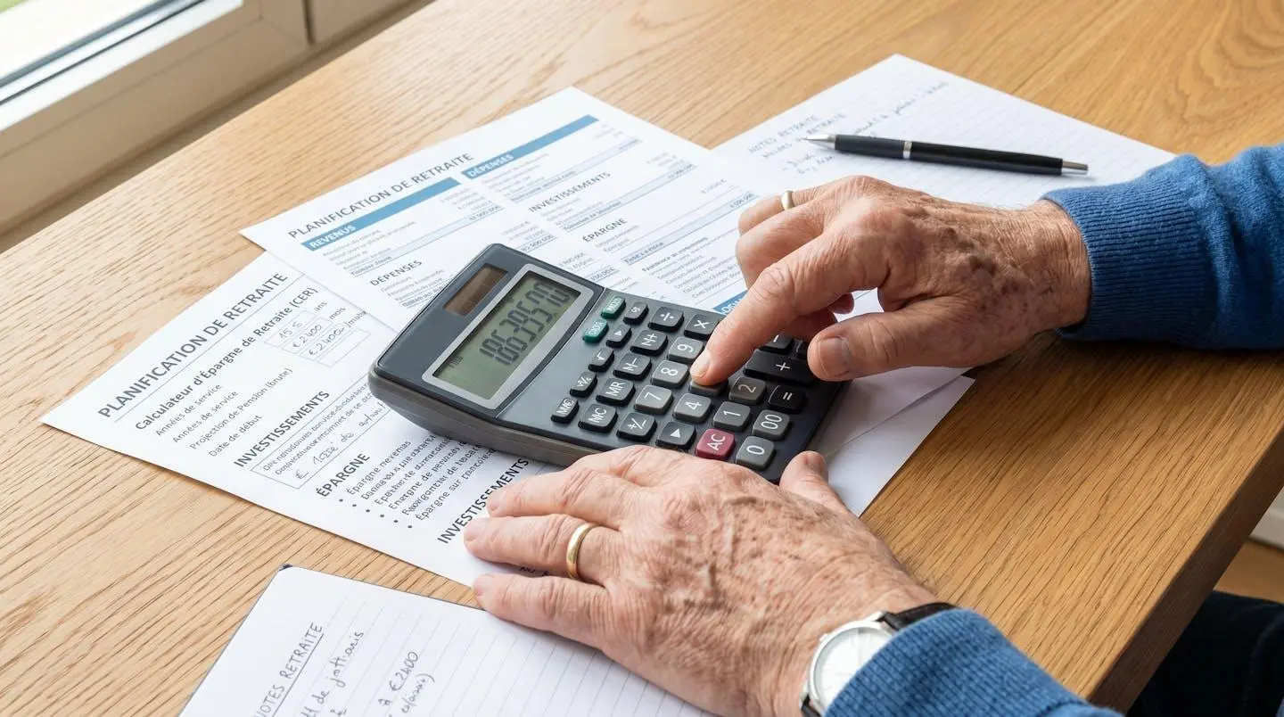 Gros plan sur les mains d'une personne senior utilisant une calculatrice pour vérifier des montants sur des documents de retraite posés sur une table en bois clair