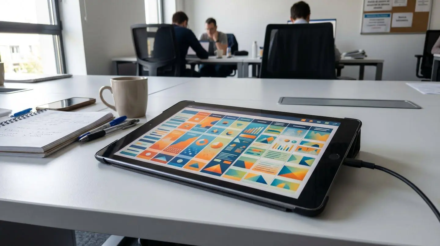 Vue rapprochée d'une personne consultant sur une tablette numérique un tableau comparatif de frais de gestion, dans un environnement de bureau lumineux à domicile