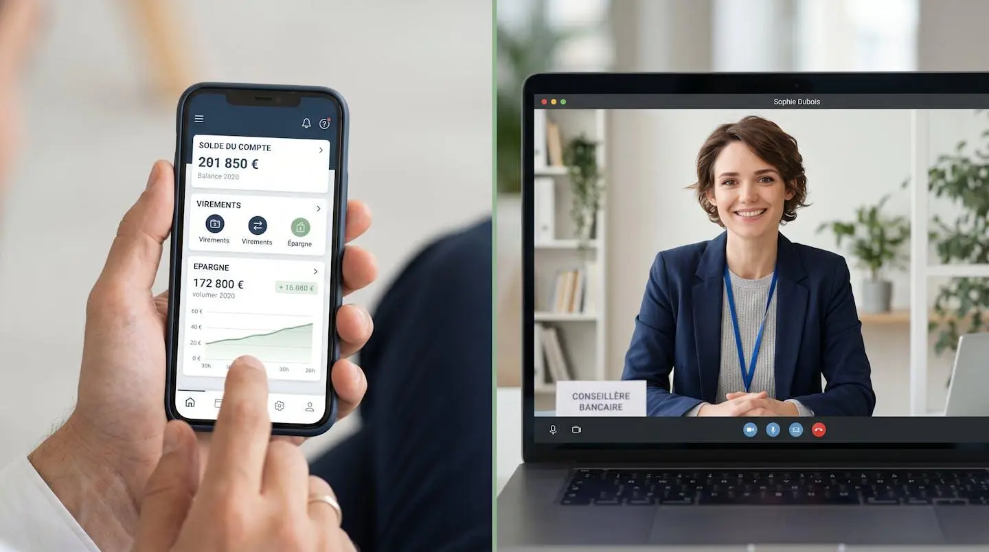 Écran divisé montrant une application bancaire mobile à gauche et un conseiller en visioconférence à droite, symbolisant le modèle hybride