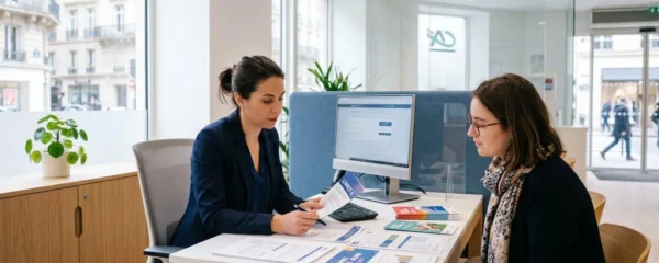 Conseiller bancaire français présentant des documents sur les livrets réglementés dans un bureau moderne de banque