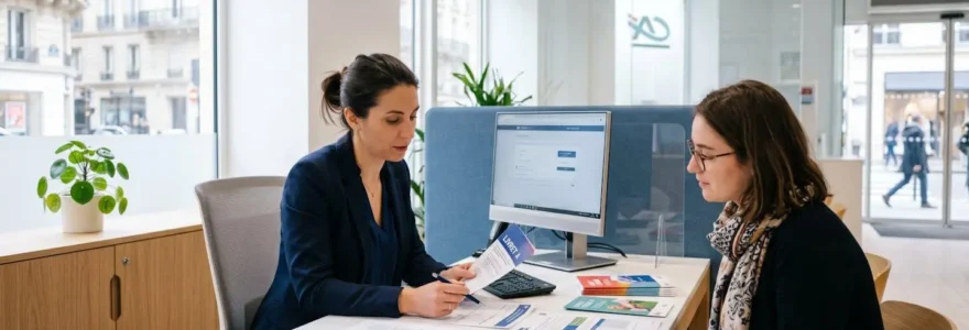 Conseiller bancaire français présentant des documents sur les livrets réglementés dans un bureau moderne de banque