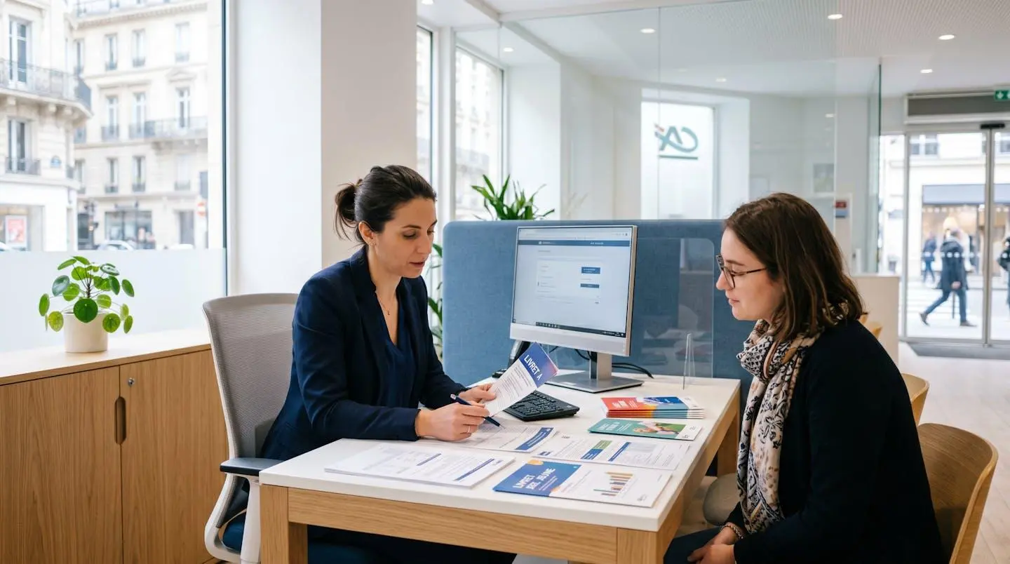 Conseiller bancaire français présentant des documents sur les livrets réglementés dans un bureau moderne de banque