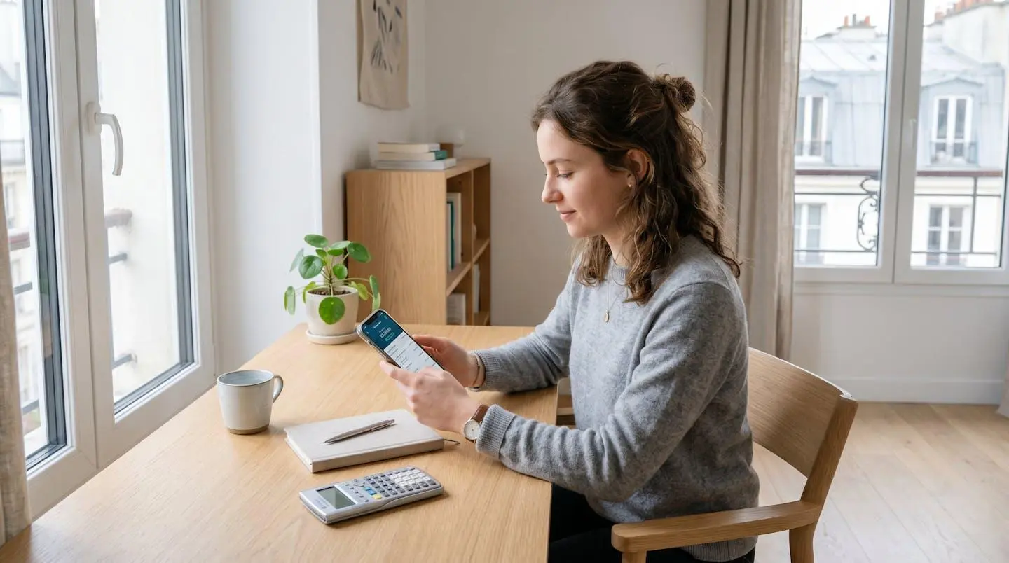 Jeune adulte français consultant son application bancaire sur smartphone pour gérer son livret jeune