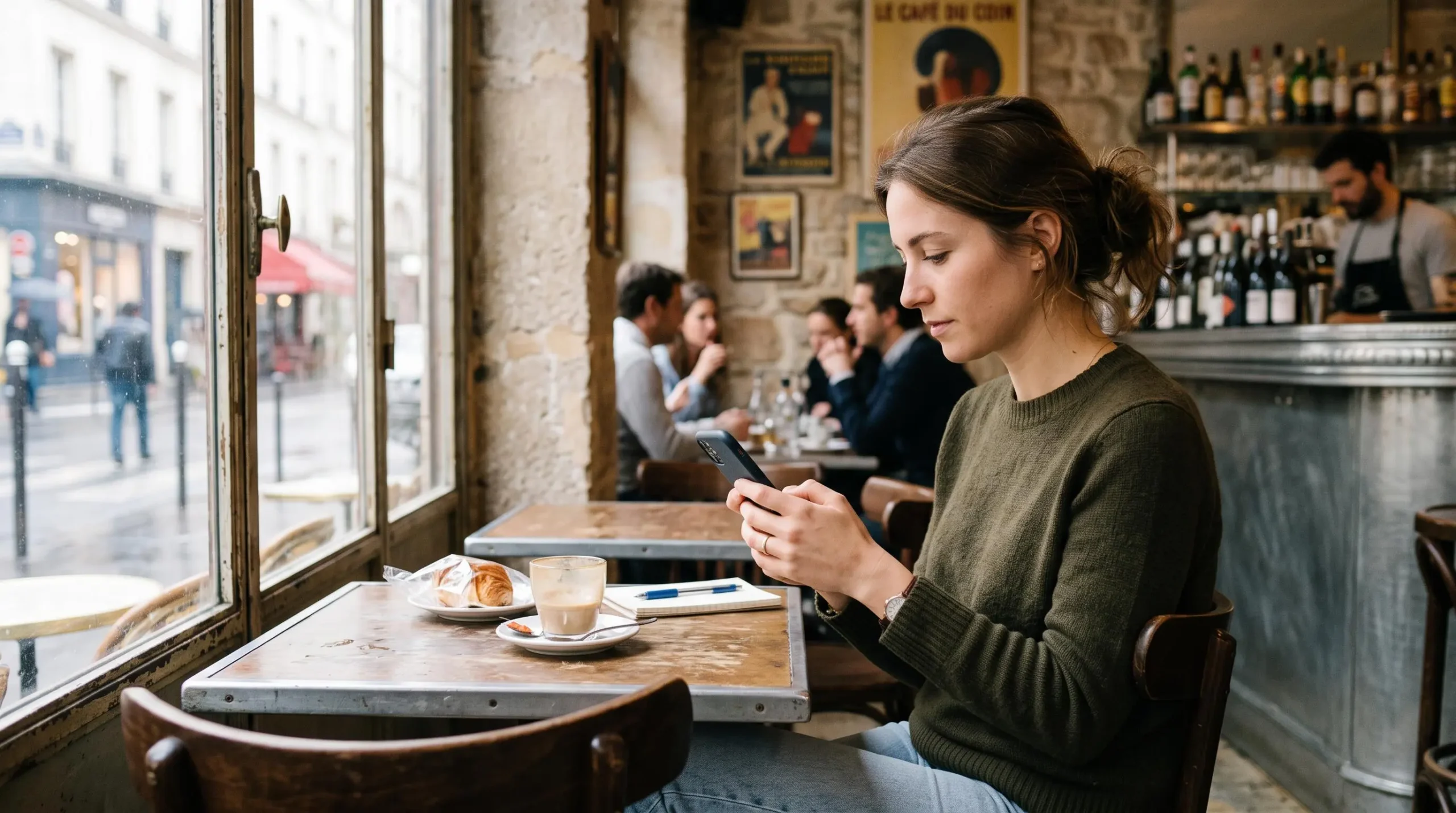 Personne consultant son application bancaire mobile sur smartphone dans un café