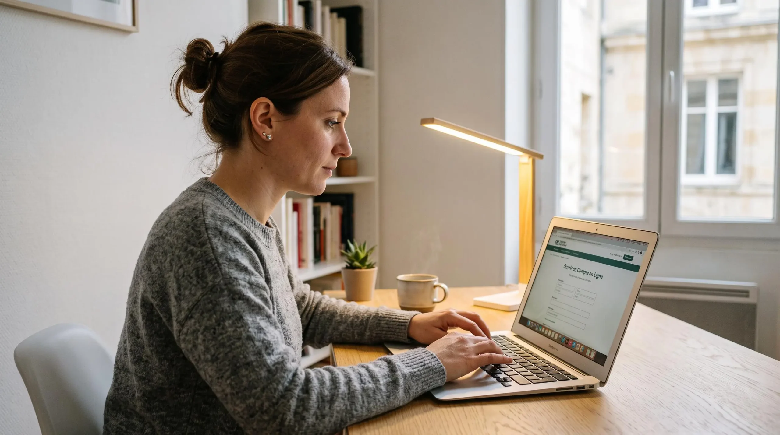 Une personne utilise son ordinateur portable à son domicile pour remplir un formulaire d'ouverture de compte bancaire en ligne