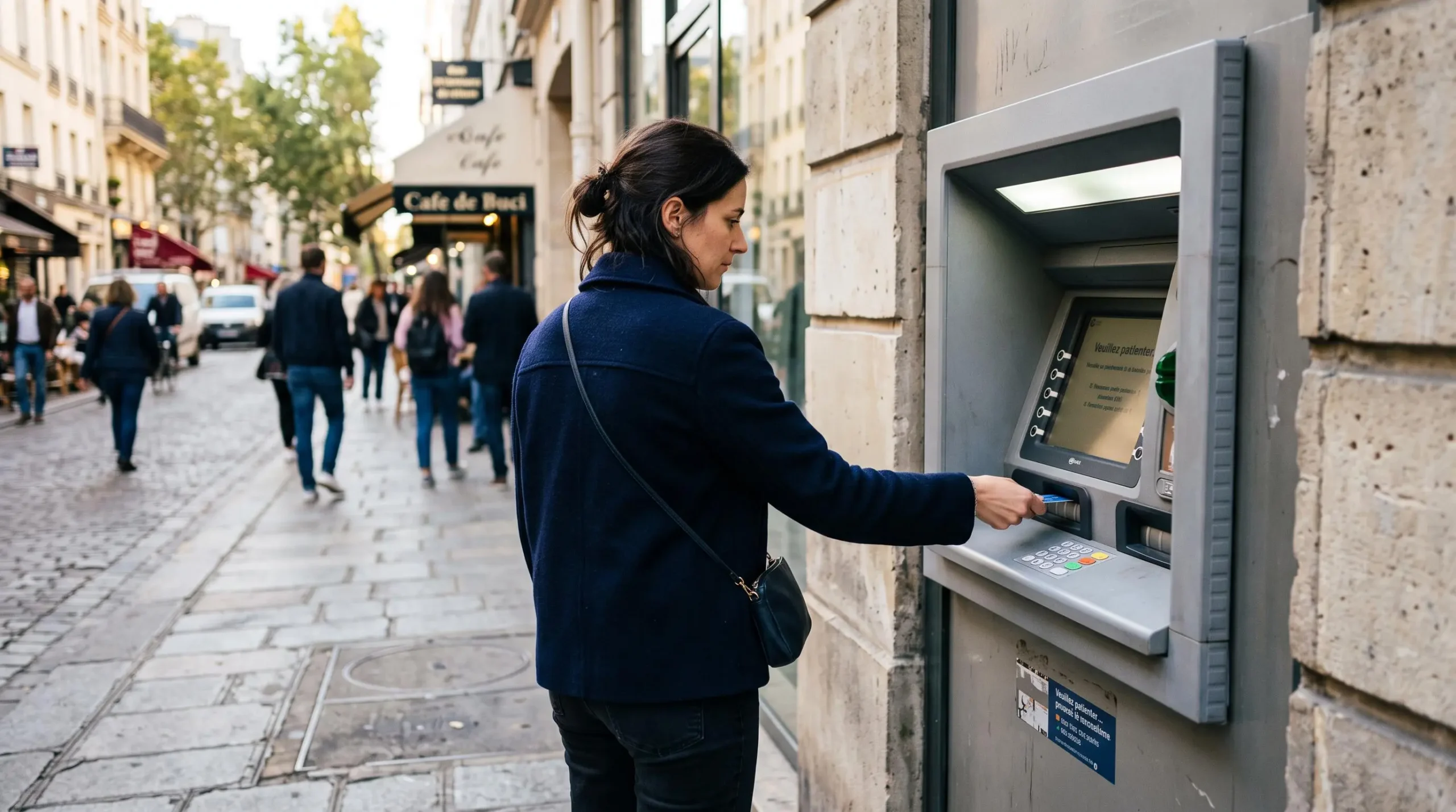 Personne effectuant un retrait d'espèces à un distributeur automatique bancaire en milieu urbain