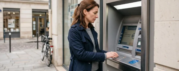 Personne utilisant un distributeur automatique bancaire moderne en France pour consulter son compte illustrant la liquidité immédiate