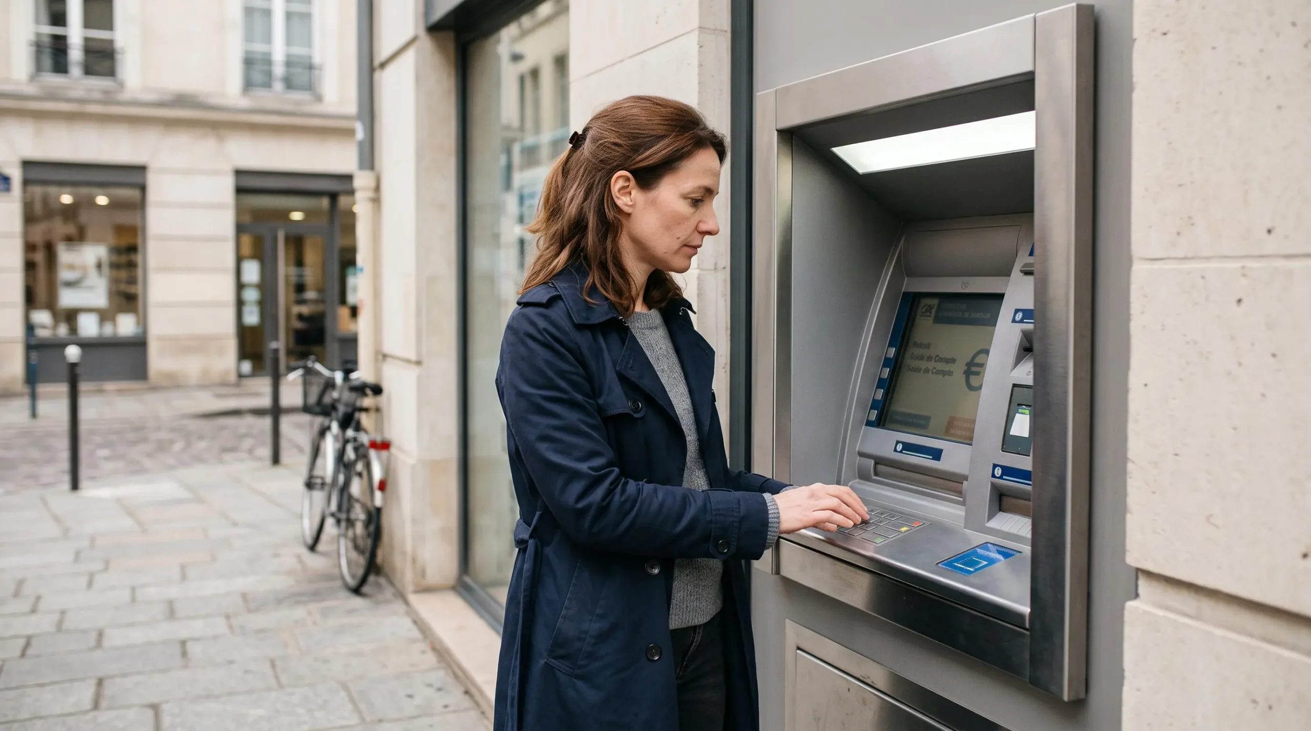 Personne utilisant un distributeur automatique bancaire moderne en France pour consulter son compte illustrant la liquidité immédiate