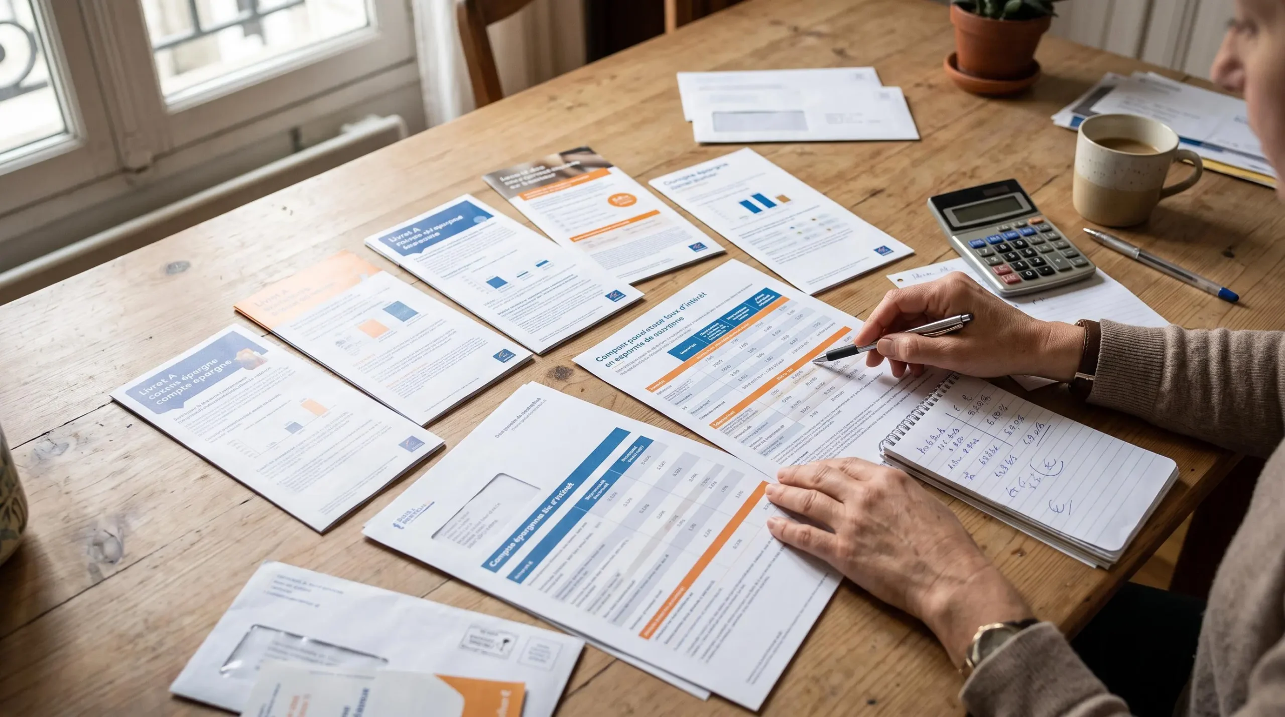 Vue sur une table avec documents bancaires et mains comparant différentes options d'épargne court terme