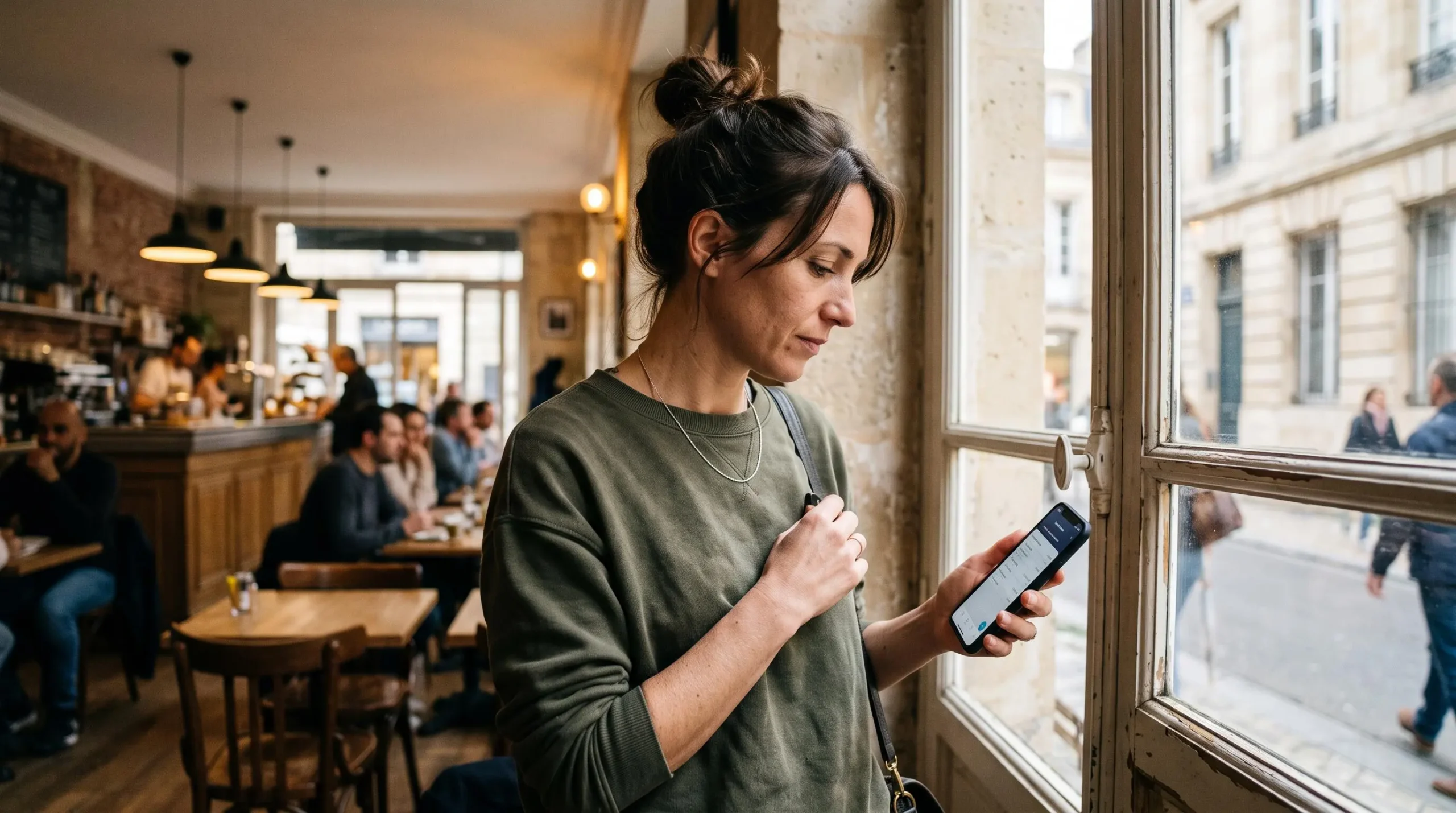 Personne consultant une application bancaire sur smartphone dans un café français moderne