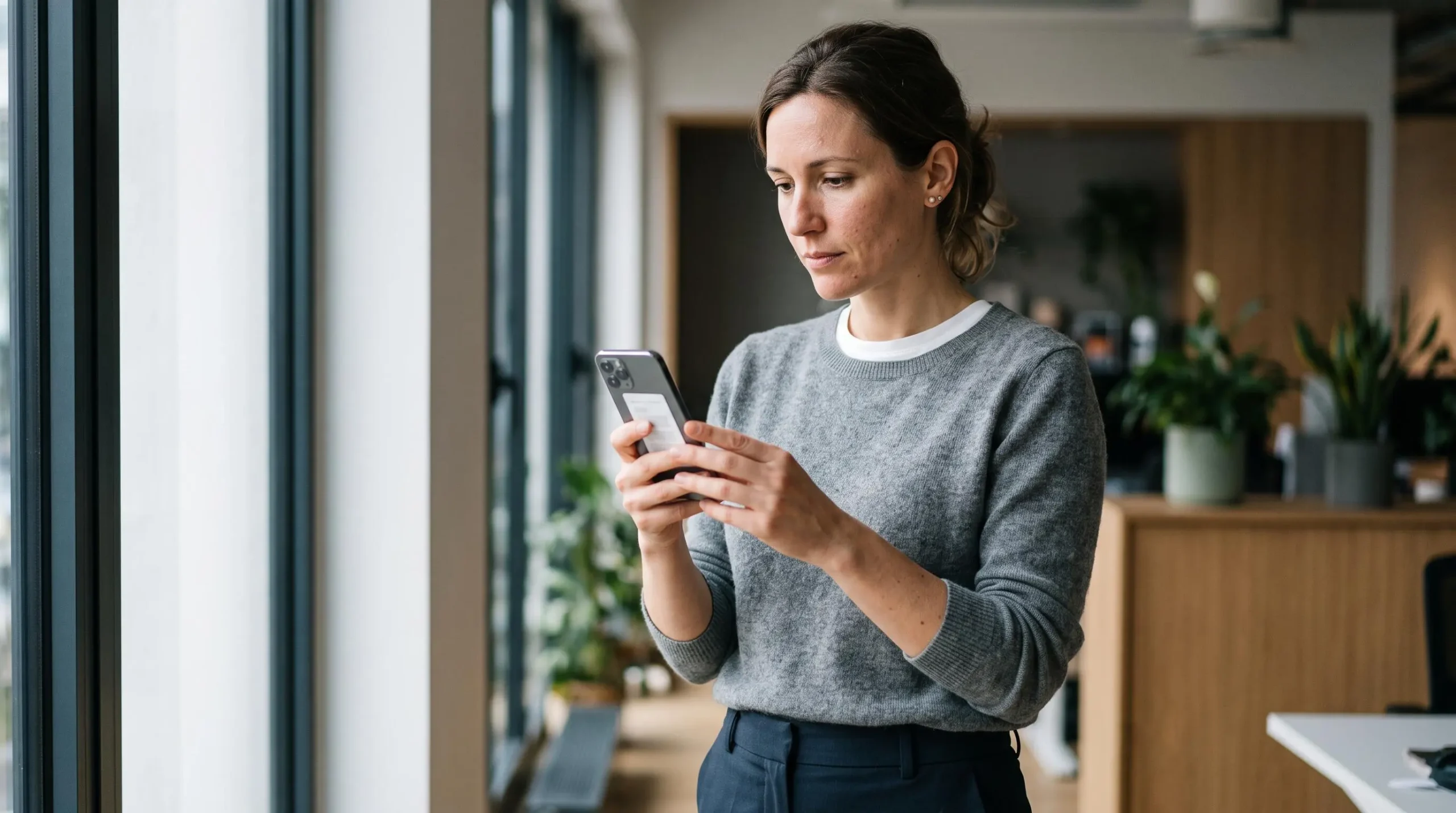 Personne vérifiant la qualité d'un document numérisé sur l'écran d'un smartphone