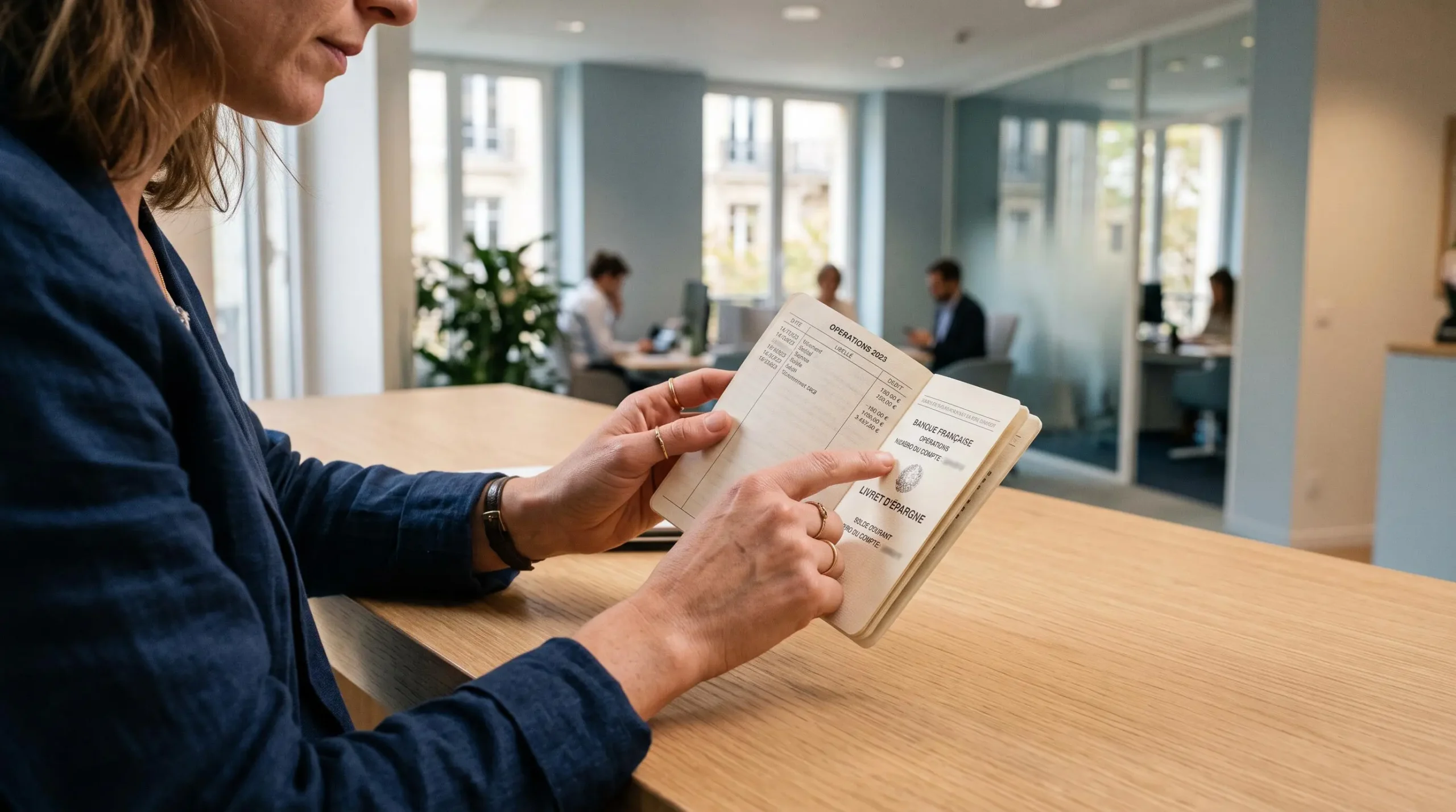 Mains tenant et consultant un livret d'épargne bancaire français dans une agence moderne