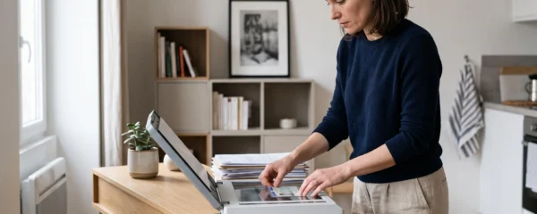 Adulte utilisant un scanner de documents pour numériser une pièce d'identité à domicile