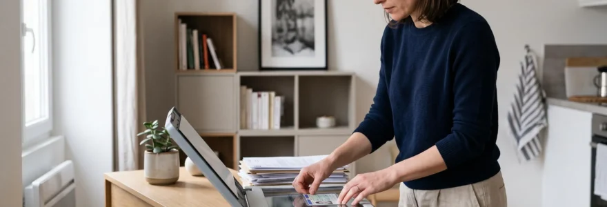 Adulte utilisant un scanner de documents pour numériser une pièce d'identité à domicile
