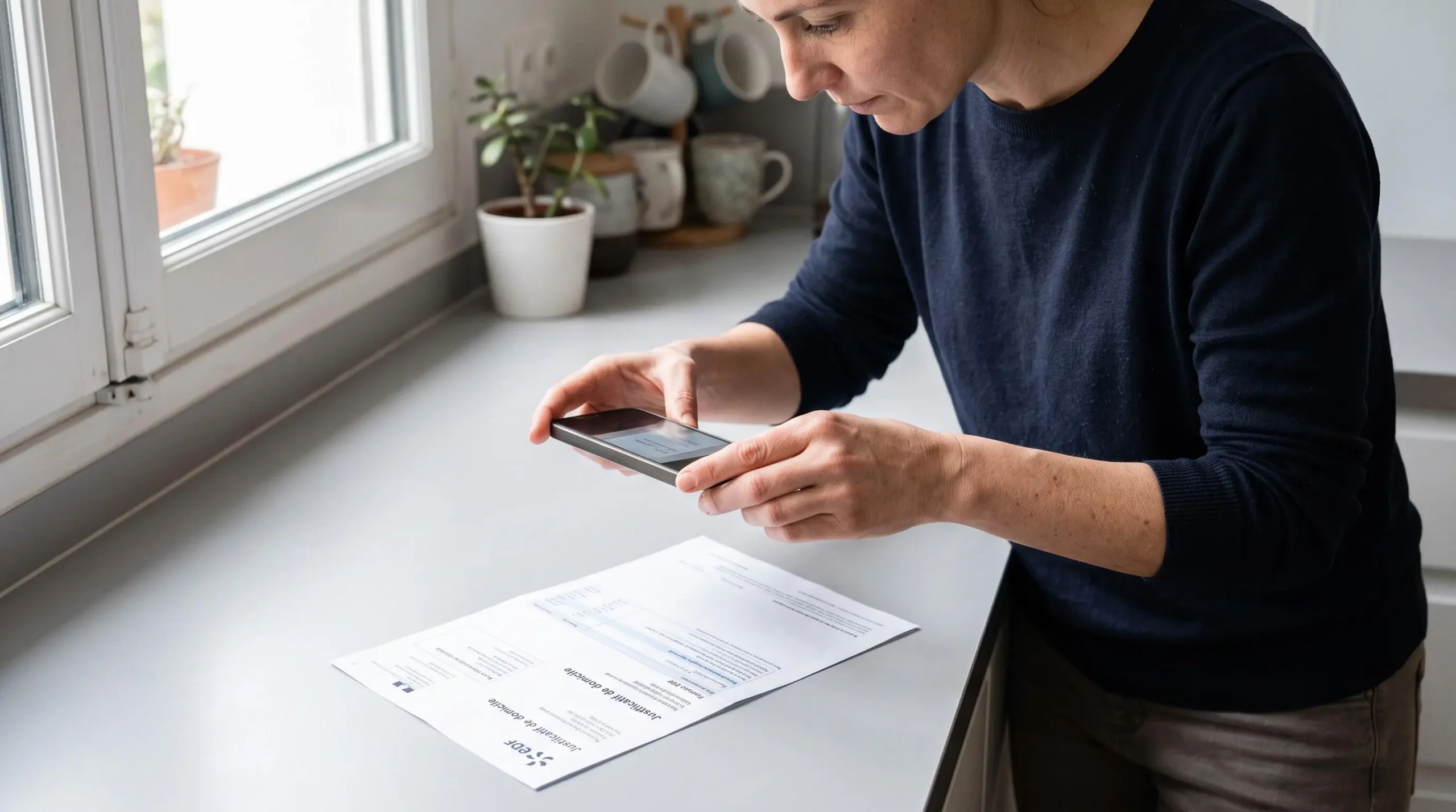 Personne utilisant un smartphone pour photographier une facture en justificatif de domicile