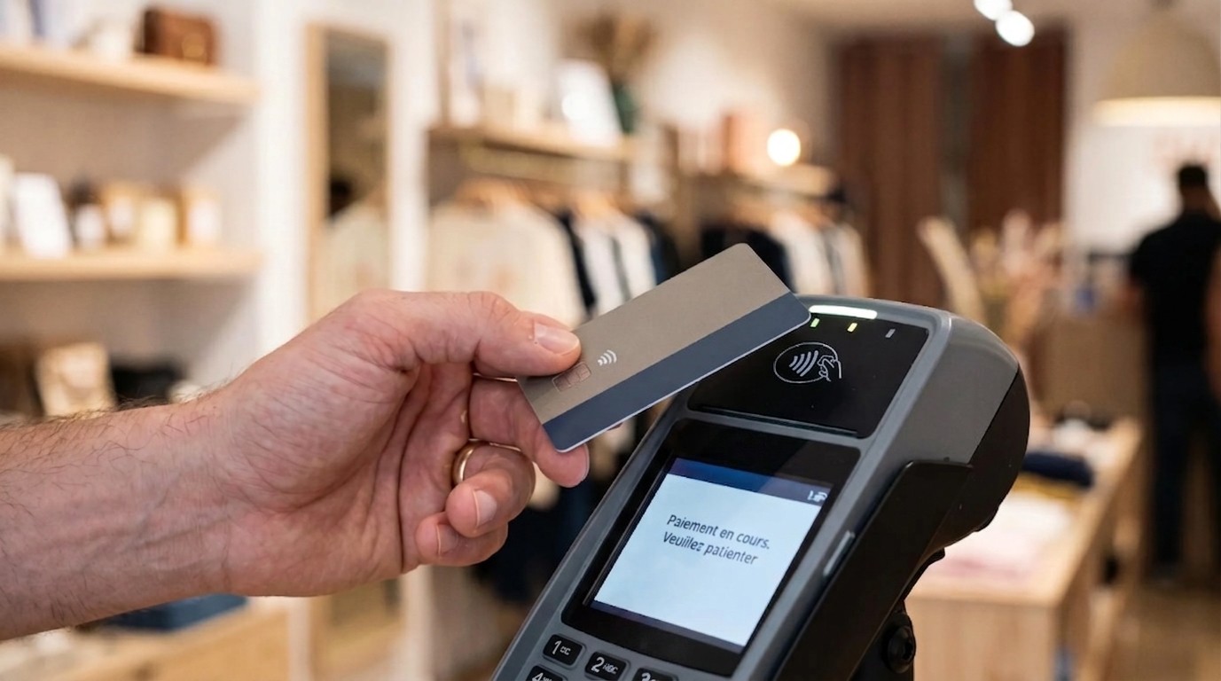 Gros plan d'une main tenant une carte bancaire près d'un terminal de paiement sans contact dans un commerce
