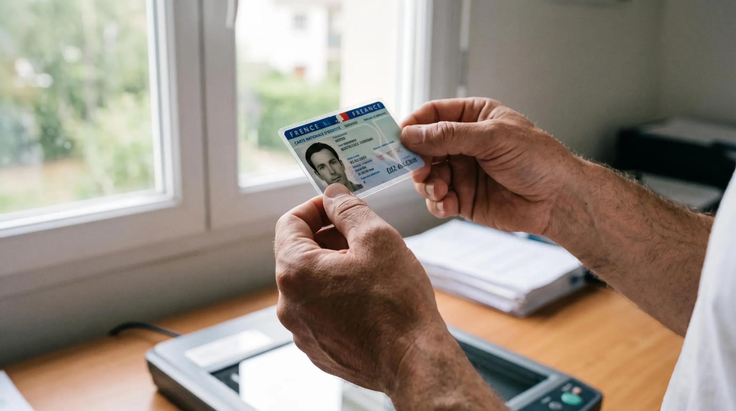 Mains tenant une carte d'identité contre la lumière naturelle pour vérifier sa qualité